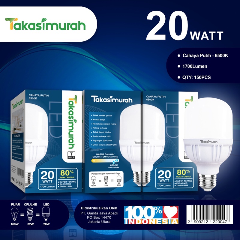 TAKASIMURAH Lampu LED Bulb T 5W 10W, 15W, 20W, 30W, 40W Putih Super Terang