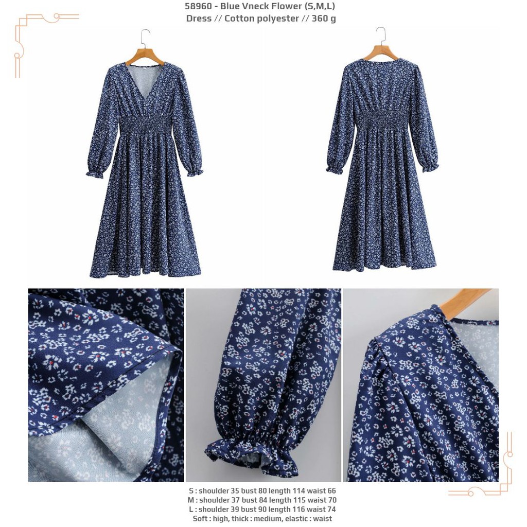 Dress Casual Korea Biru Bunga