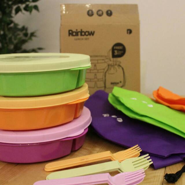 Tempat bekal makan Ranibow set isi 3 gratis tas dan sendok