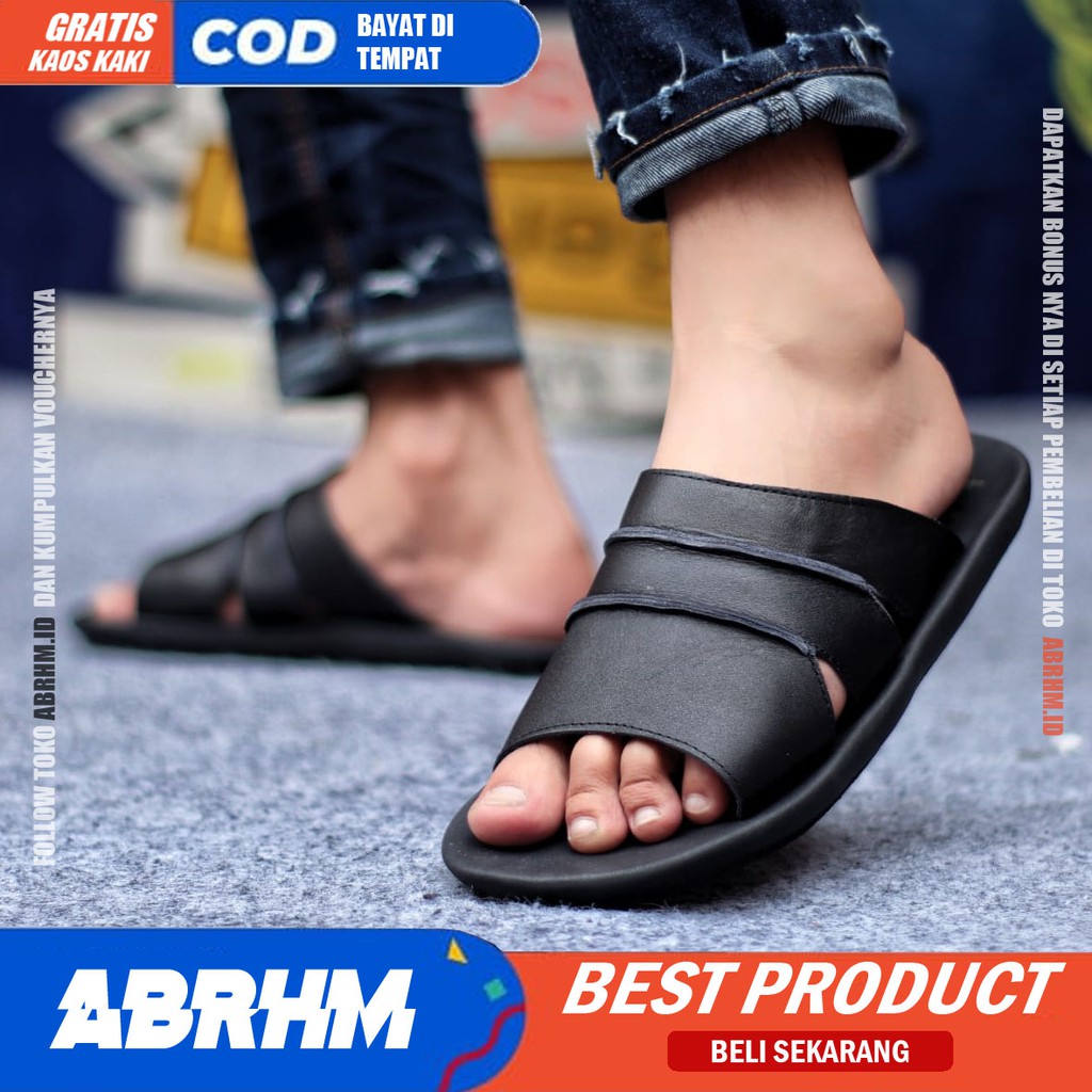 ABRHM X TAIM Sandal Slide Pria Sandal Slop Pria Kulit Asli Ori Sendal Selop Cowok / Cowo kekinian