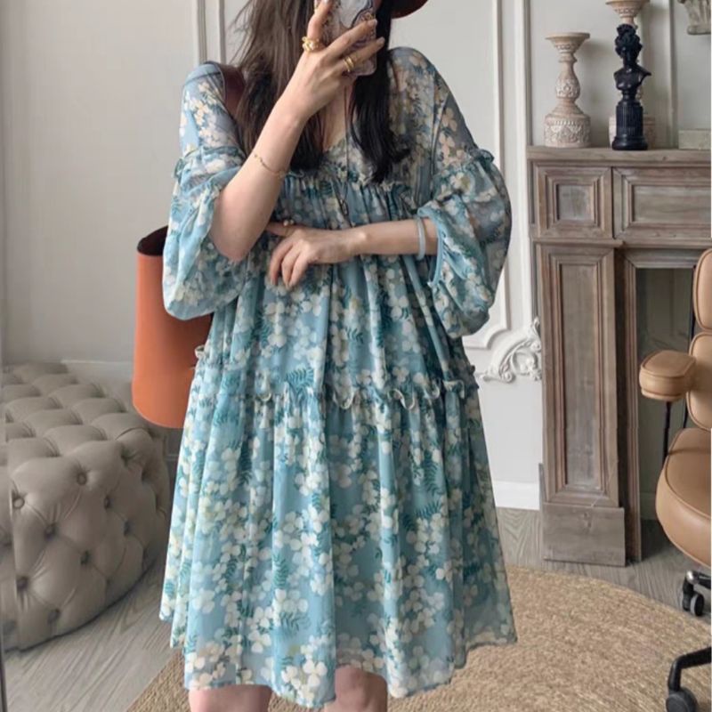 MDLV ~ 6960# Carlotta Loose Mini Dress Babydoll Dress Bigsize Blue Flower Fashion Import