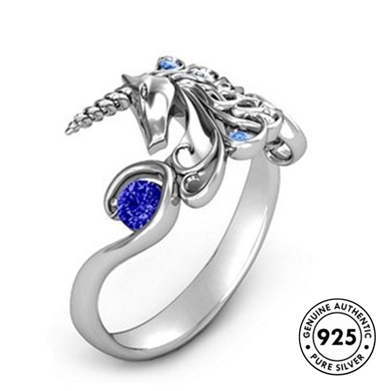 Cincin Berlian S925 Silver Bentuk Unicorn Gaya Elegan