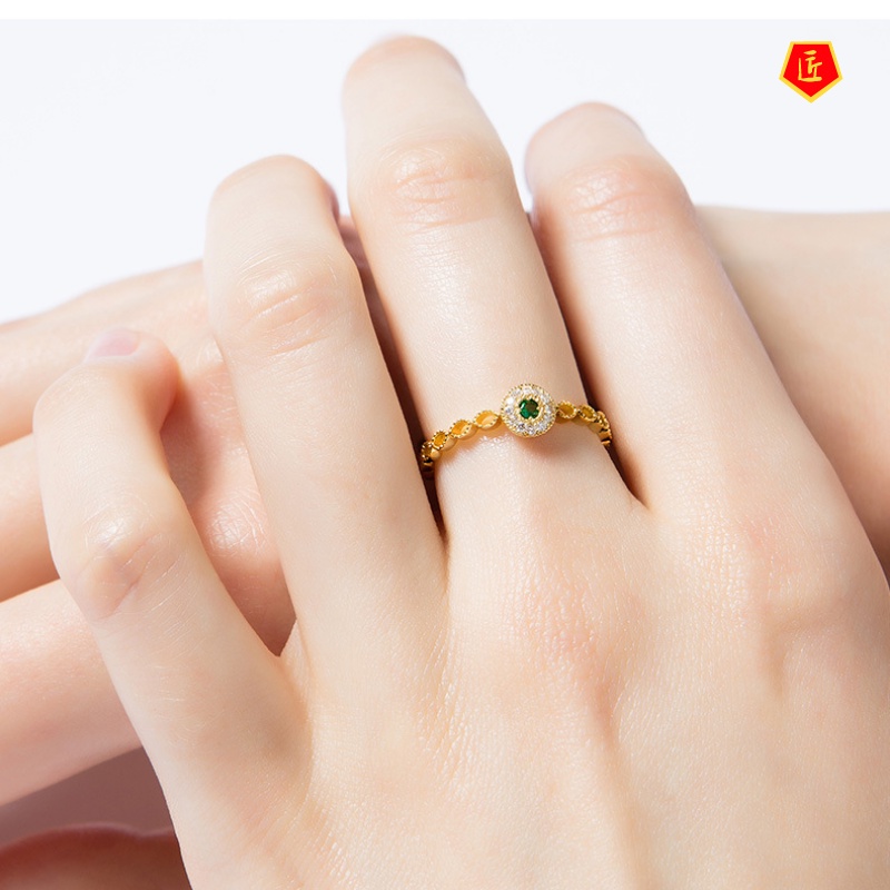 [Ready Stock]Diamond Emerald Hollow Pattern Ring Gold Simple