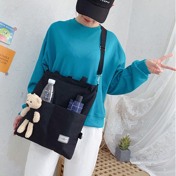 Tas kanvas wanita【COD】tote bag resleting Tas Tote Ransel  Saku Tote Bag Wanita Tas  Bahan Kanvas Penutup Resleting [【Berisi boneka beruang】