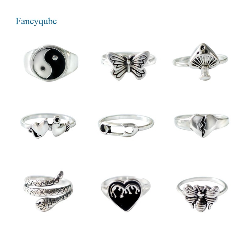 Fancyqube Cincin Desain Kupu-Kupu Hati Dan Bunga Warna Silver Gaya Vintage Gothic Untuk Wanita