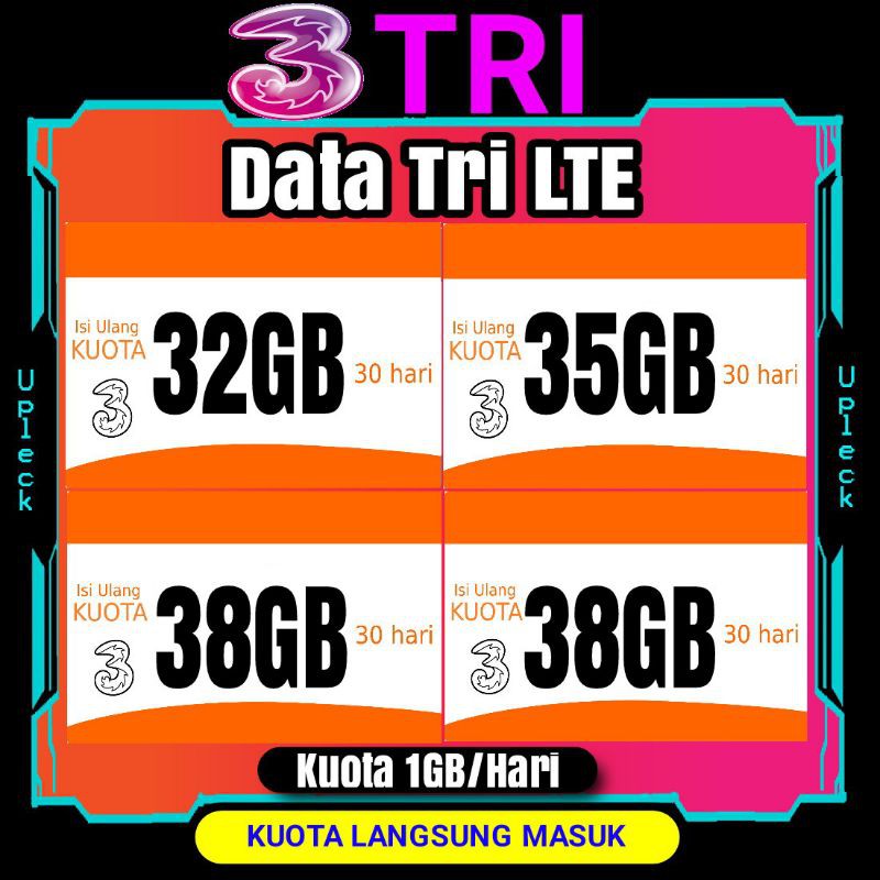 Inject Kuota tri 4G LTE 32GB 35GB 38GB 1GB per Hari selama 30 hari 32 GB 35 GB 38 GB