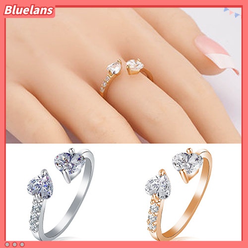 Cincin Model Terbuka Desain Hati Ganda Bahan Tembaga Aksen Zirkon Untuk Wanita