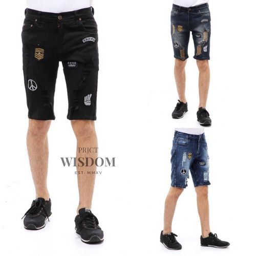 Wisdom - Celana Jeans Pendek Pria Import Sobek Emblem Extream Original Softjeans Stretch / Short Pants Denim Skinny / Full Tag &amp; Label