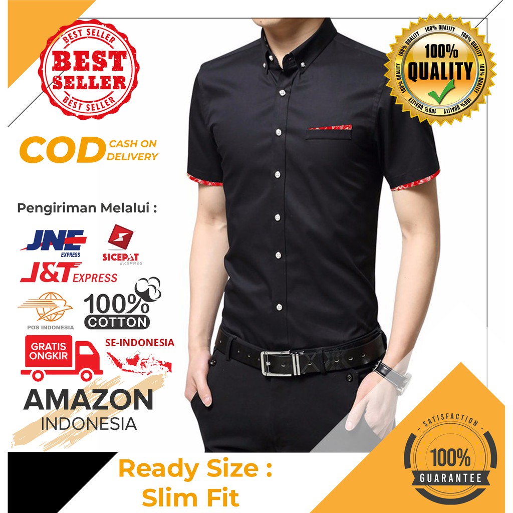 KEMEJA PAKAIAN BAJU HEM PRIA COWOK LENGAN PENDEK MODEL SLIM FIT BISA MELAR BAHAN KATUN LEMBUT ASLI