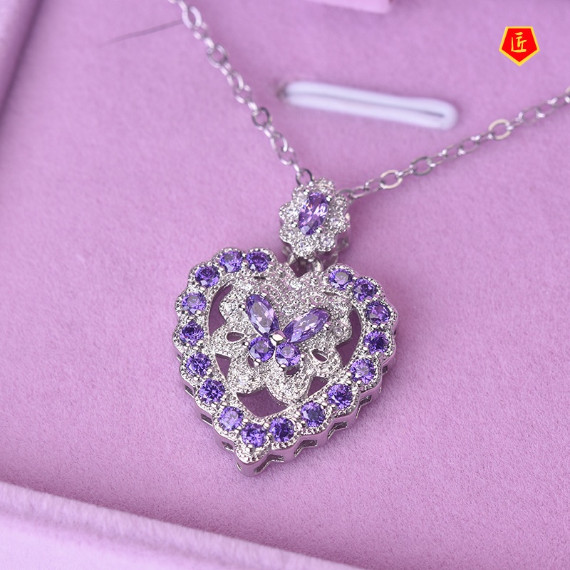 [Ready Stock]Full Diamond Amethyst Zircon Butterfly Pendant Women's Heart-Shaped Necklace