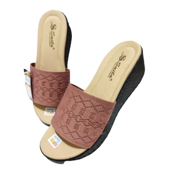 sandal wanita wedges slop turki rajut kotak merek saila hak 5cm