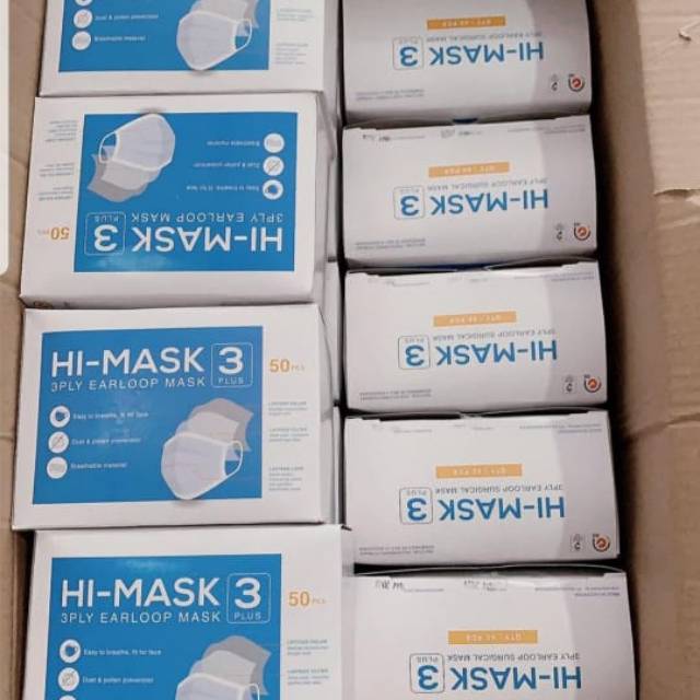 Hi Mask 3 Ply Surgical Mask. Per box isi 50 pcs.