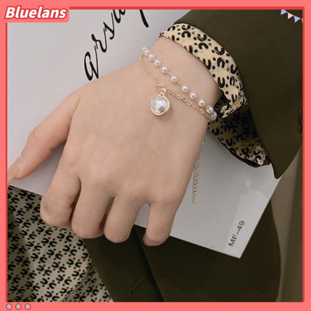 Bluelans Kalung Gelang Lapis Ganda Aksen Mutiara Imitasi Untuk Wanita