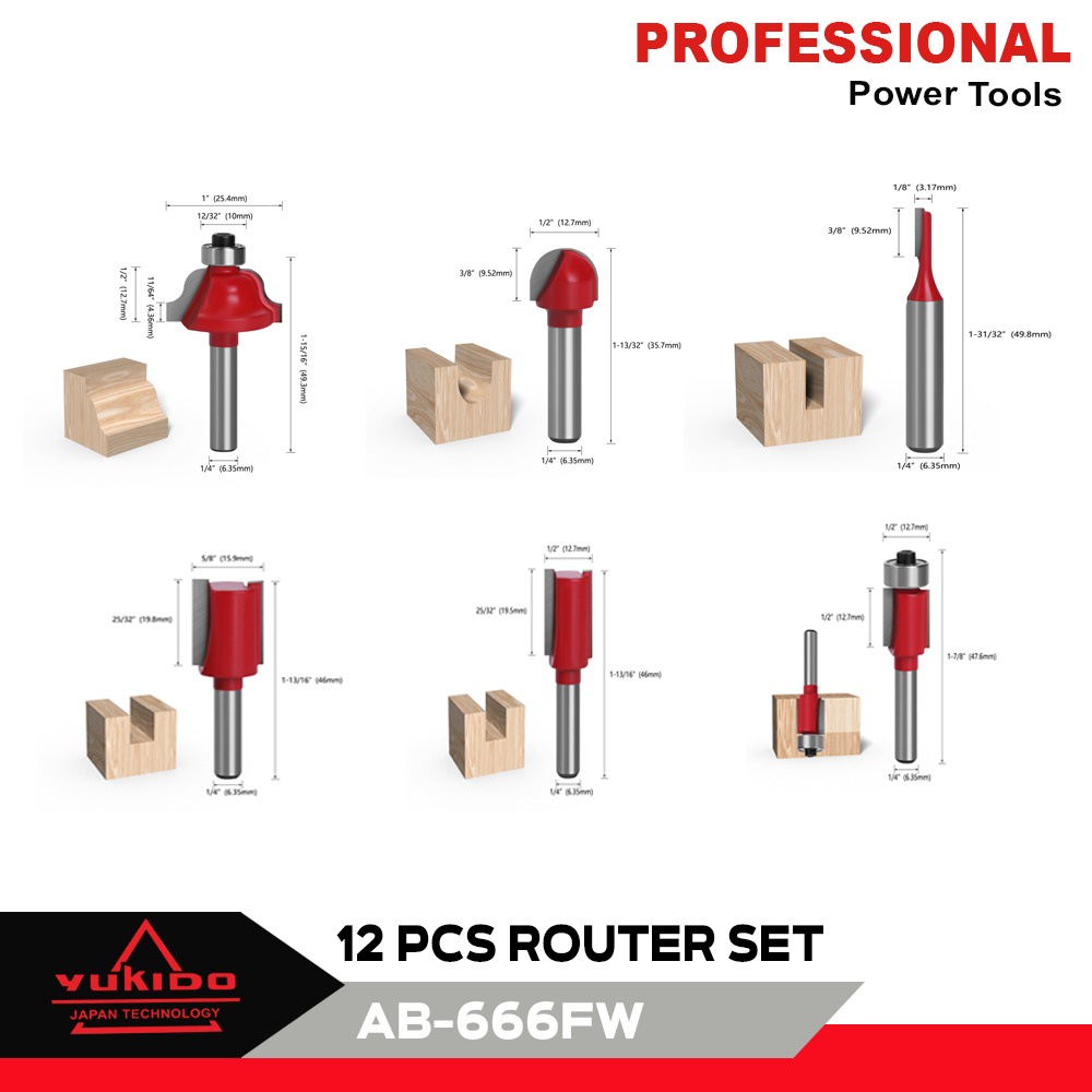 ORIGINAL YUKIDO Mata Mesin Profil Router Bit Set 12 Pcs 1/4&quot; Untuk Membentuk Kayu Free Box KOPER -270401