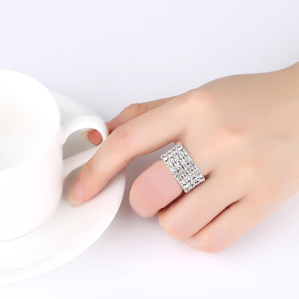 Timekey Cincin Lapis Silver 1 / 2 / 3 / 4 Baris Hias Kristal Berlian Imitasi Adjustable Untuk Wanita A4K6