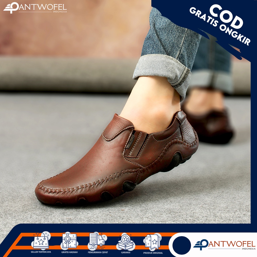 PTW X LIBE - Sepatu Pantopel Oxford Formal Kerja Cowok Slip On Anti Slip Bahan Kulit Sapi Asli Kualitas Premium Ukuran 39 - 43 Warna Cokelat Hitam - Spatu Fantopel Kasual Kerja Kantoran Resmi Rapat Dinas Paspampres Pansus Nikahan Lamaran Pesta Crocodile