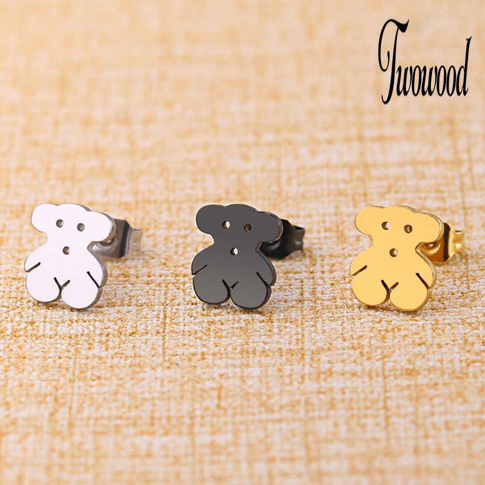 Anting Stud Bentuk Kartun Beruang Bahan Stainless Steel Untuk Wanita