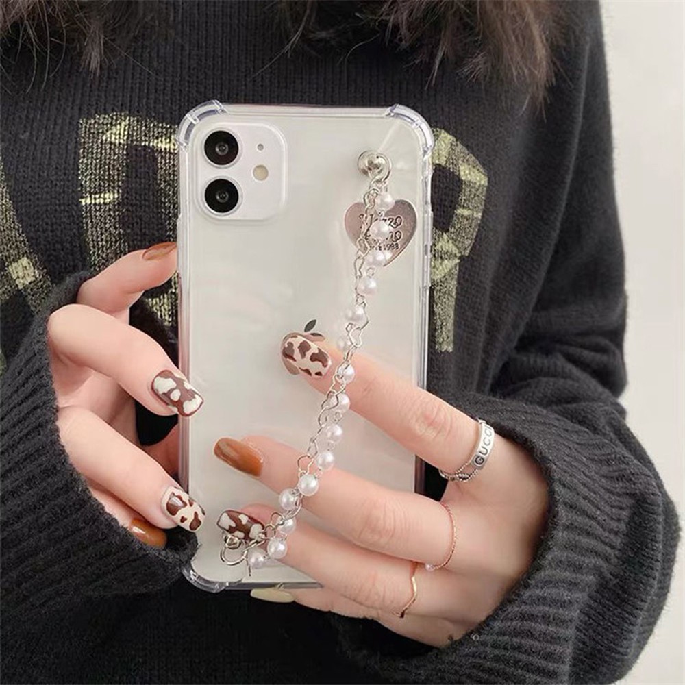 IPhone7/8plus 11 Soft Cover Transparent TPU Pearl  Love Pendant Chain Phone Case