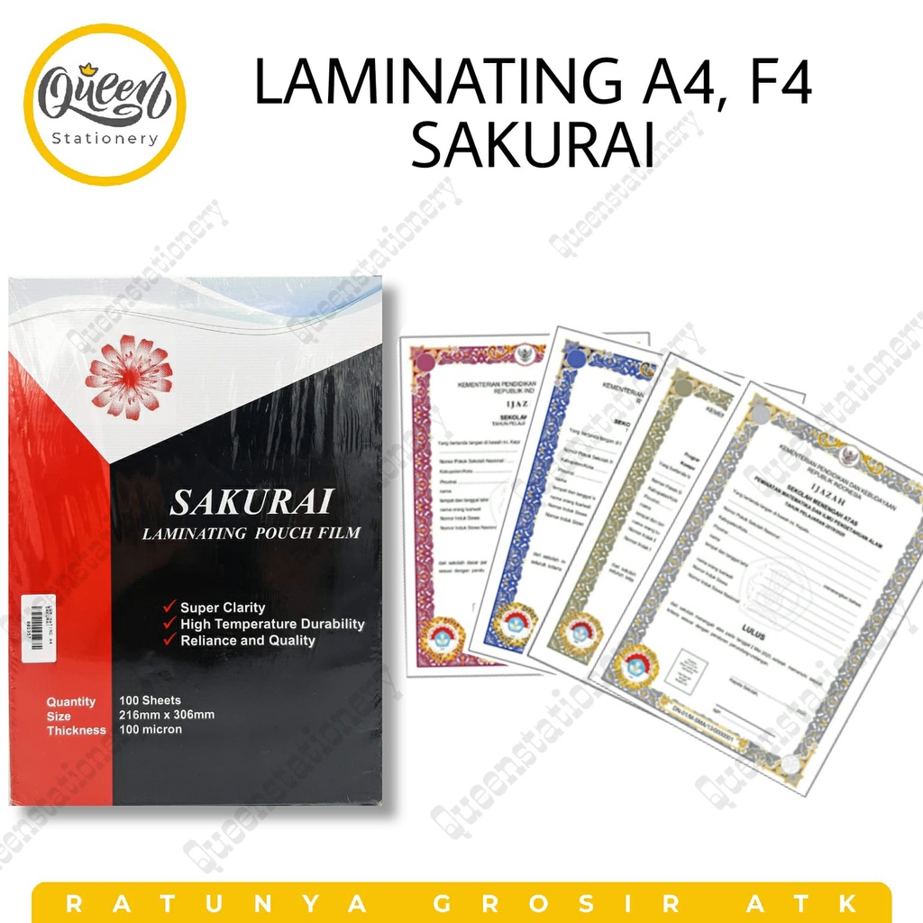 

(1 PAK) LAMINATING SAKURAI / LAMINATING IJAZAH , SERTIFIKAT , DLL / PLASTIK LAMINATING A4 / LAMINATING F4 / PLASTIK LAMINATING BERKUALITAS