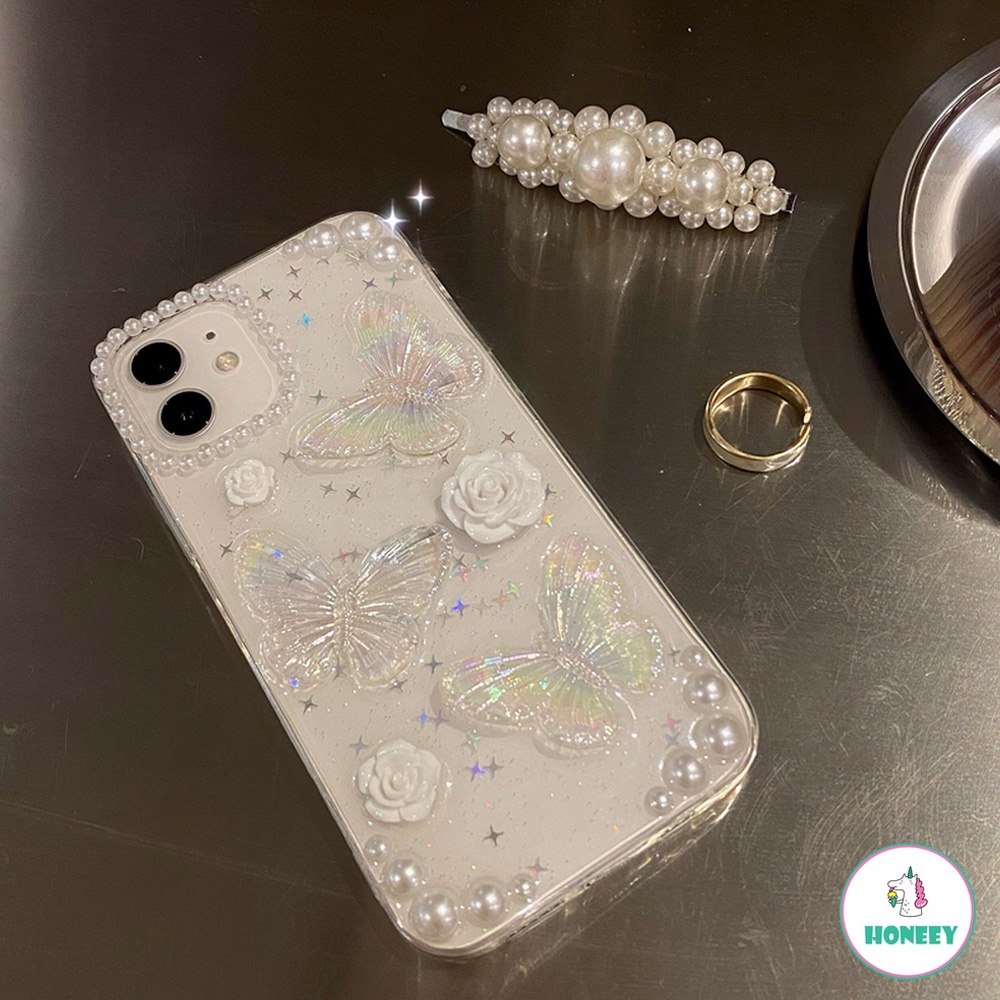 Luxury Glitter Pearl Butterfly Clear Phone Case compatible for Iphone Xr 7Plus 8Plus X XS 14 13 11 12 Pro Max Shock Resistant Soft TPU Back Cover