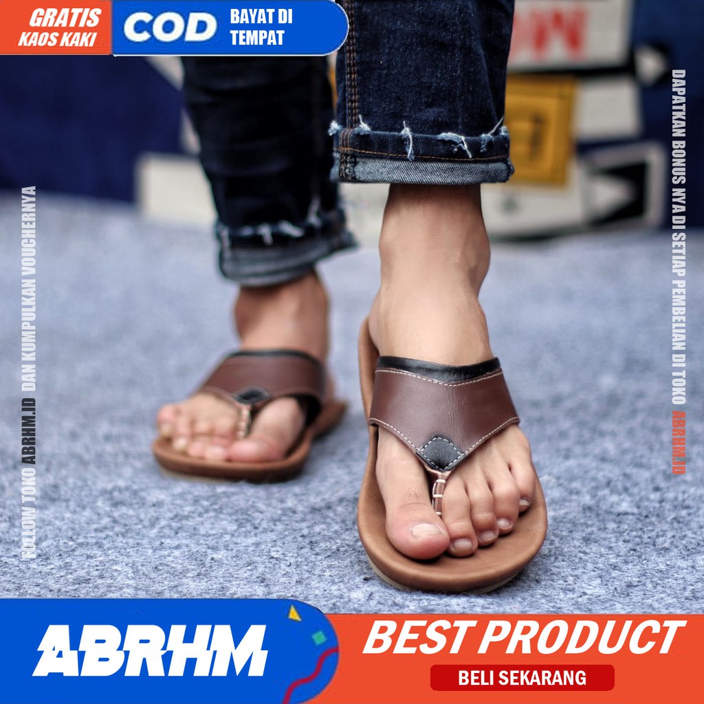 ABRHM X LIGHT Sandal Jepit Pria Sandal Pria Kulit Asli Sandal japit Cowok / Cowo Ori Keren kekinian