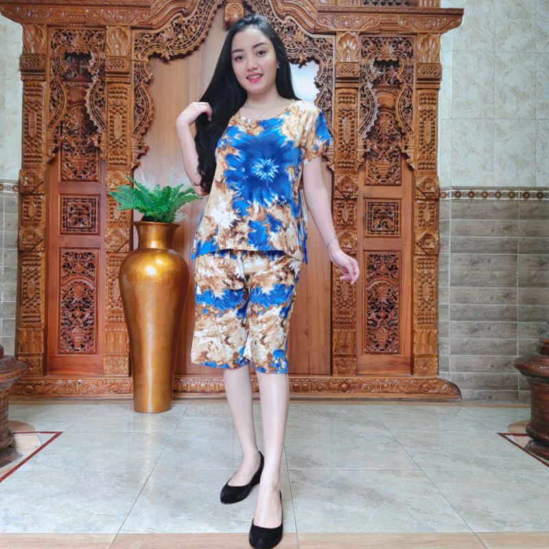 PIYAMA BALI - PIYAMA PENDEK - MOTIF JEPUN-Abstrak GoldBlue