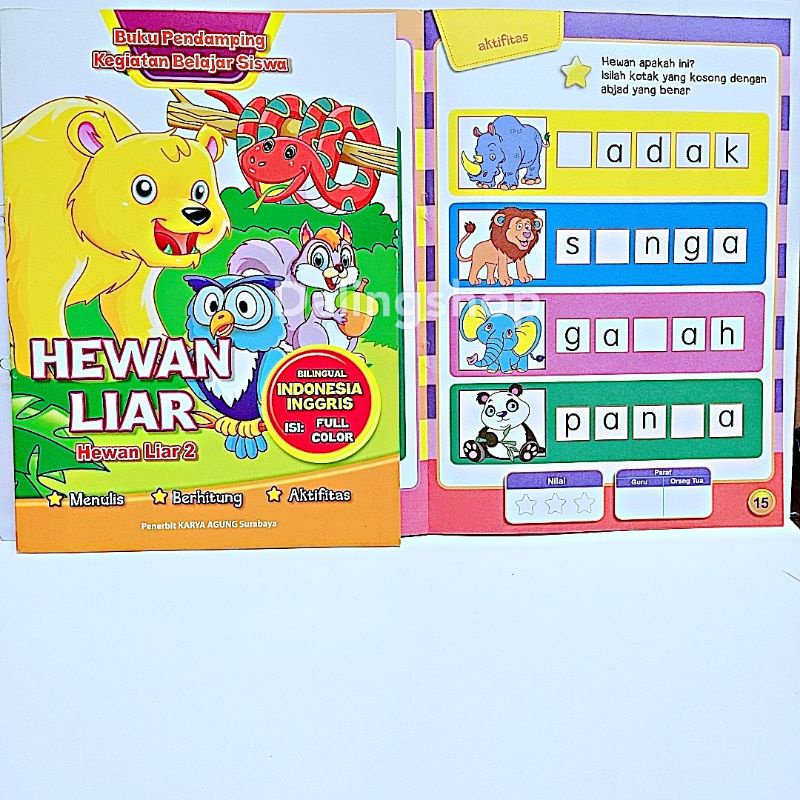 Dalingshop Buku Bilingual Indonesia Inggris Full Color Buku Mewarnai Menulis Berhitung Aktifitas-Hewan Liar 2