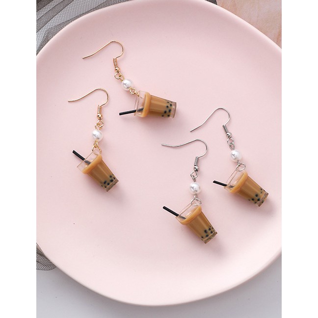 LRC Anting Tusuk Fashion Pearl Milk Tea Earrings F81341