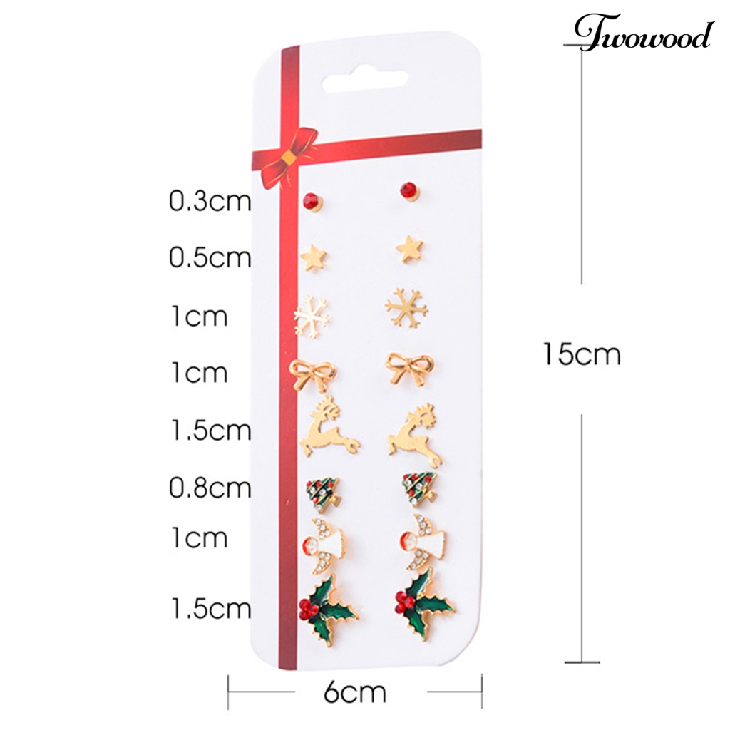 8 Pasang / Set Anting Stud Desain Pita Pohon Natal Snowman Aksen Berlian Imitasi Gaya Klasik Untuk Wanita