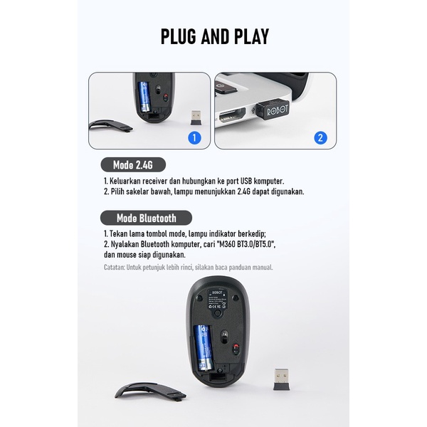 Robot M360 Mouse Bluetooth Wireless 2.4G Multi Mode Silent Mouse