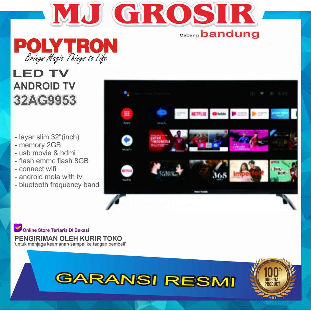 PROMO LED TV POLYTRON 32" 32 AG 9953 32 INCH USB MOVIE HD HDMI ANDROID