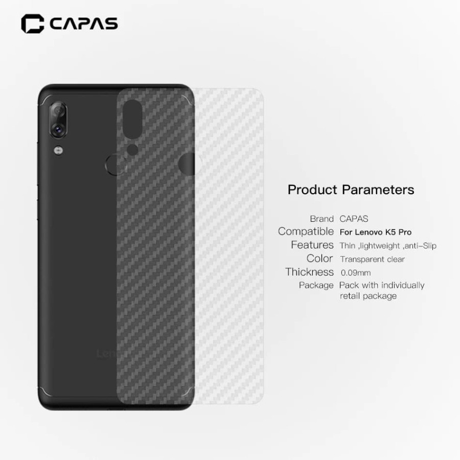 SKIN CARBON LENOVO K5 PRO BACK CASE NON TEMPERED GLASS