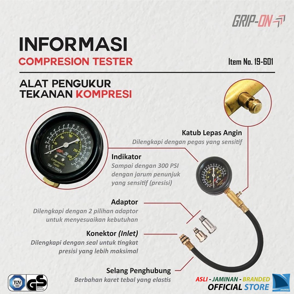 Alat Uji Kompresi Blok Mesin Sepeda Motor - Compression Tester GRIP-ON