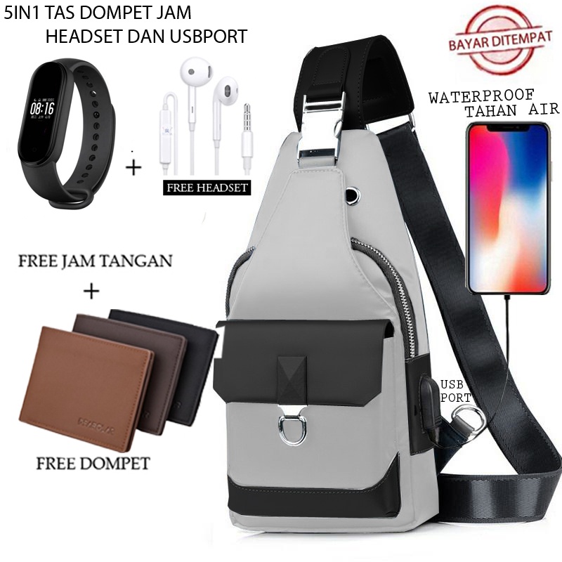 TANMESSO 5in1 BAYAR DITEMPAT- JAM LED -HEADSET- DOMPET -USBPORT -TAS WATERPROOF-BAHAN INTERPILAR SENDIRI LEMBUT DAN TEBAL MENGANDUNG 70%COTTON BUKAN PARASUT ATAU KANVAS SEPERTI YANG BEREDAR DIPASARAN-TAS SELEMPANG PRIA-SLING BAG PRIA