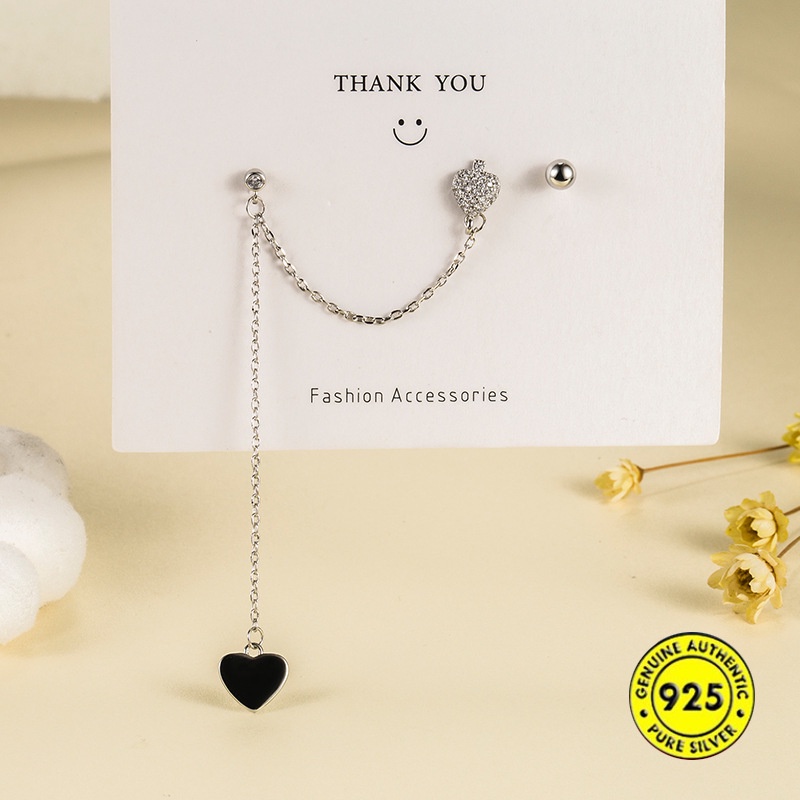 Anting Tusuk Asimetris Bahan Sterling Silver 925 Desain Hati Untuk Wanita