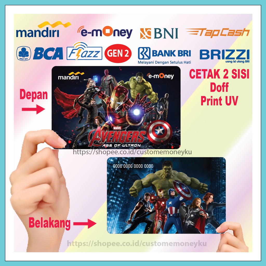 KARTU EMONEY SUPERHERO AVENGERS MARVEL ETOLL E-MONEY MANDIRI FLAZZ BCA GEN 2 TAPCASH BRIZZI - 2 SISI