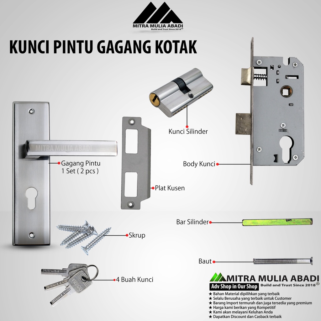 KUNCI PINTU RUMAH FULL SET GAGANG KOTAK PREMIUM KUALITAS TERBAIK 20cm