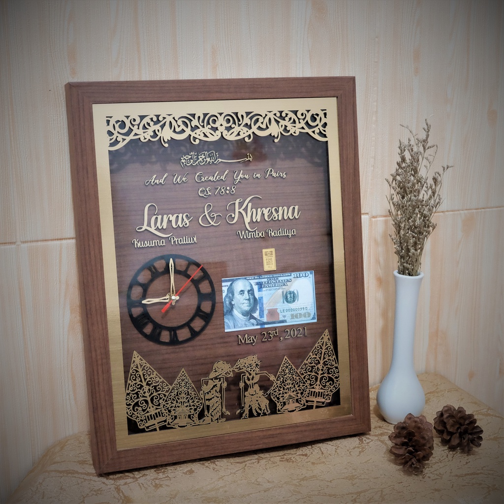 Bingkai Frame Mahar/ Seserahan Pernikahan Rustic Model Jam Dinding