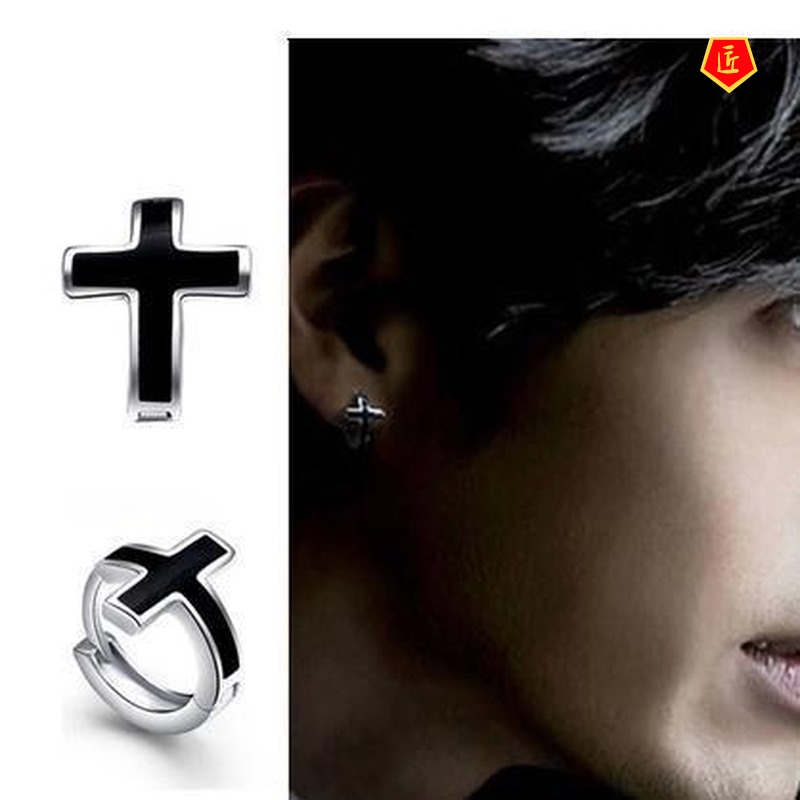 [Ready Stock]Men's Silver Black Cross Earrings Fashion Personality