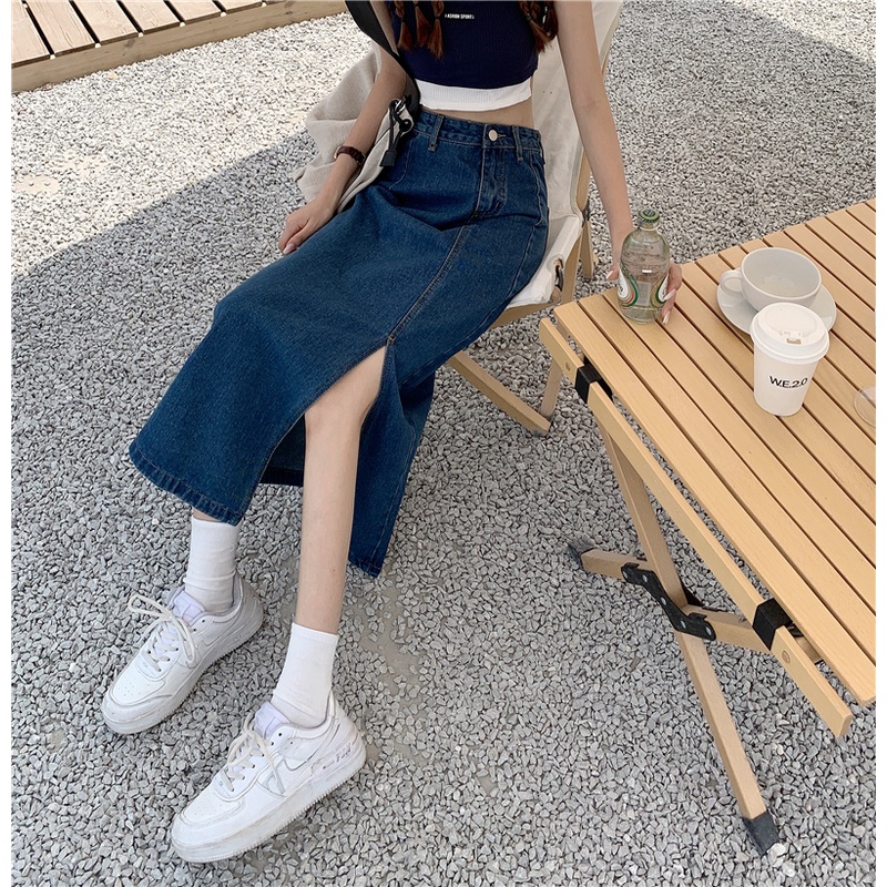 rok denim pinggang tinggi rok midi korea style high waist retro rok a-line