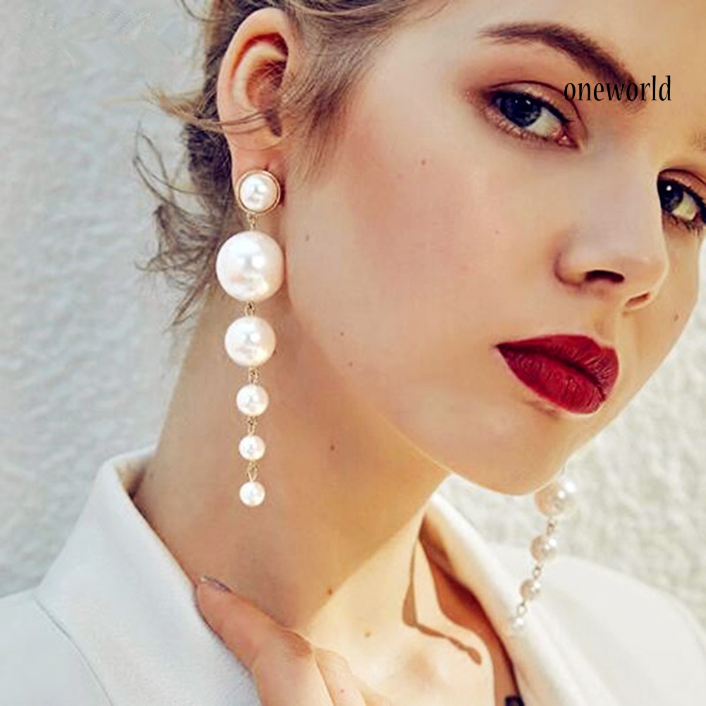 OW@ Fashion Women Long Faux Pearl Dangle Stud Earrings Statement Party Jewelry Gift