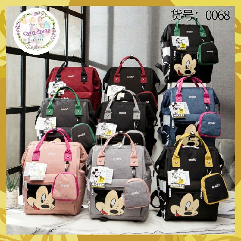 Tas ransel anello large mickey mix colour/diapers baackpack free dompet kecil