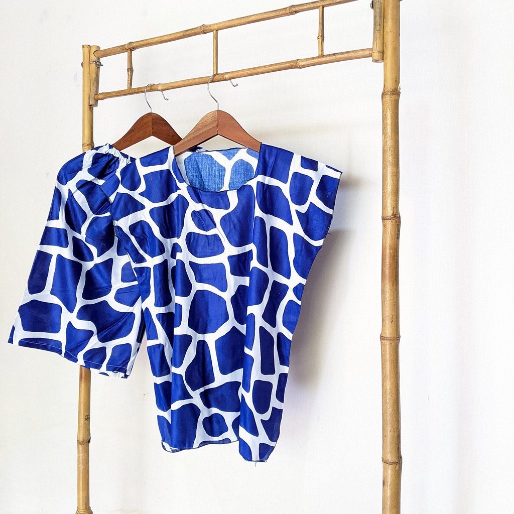 Baju Tidur Tanpa Lengan Piyama Krill Setelan Midi Homewear Homey Dress Baby Doll Dewasa Nyaman Di Rumah Santai WFH Rayon One Set Pajamas-giraffe blue