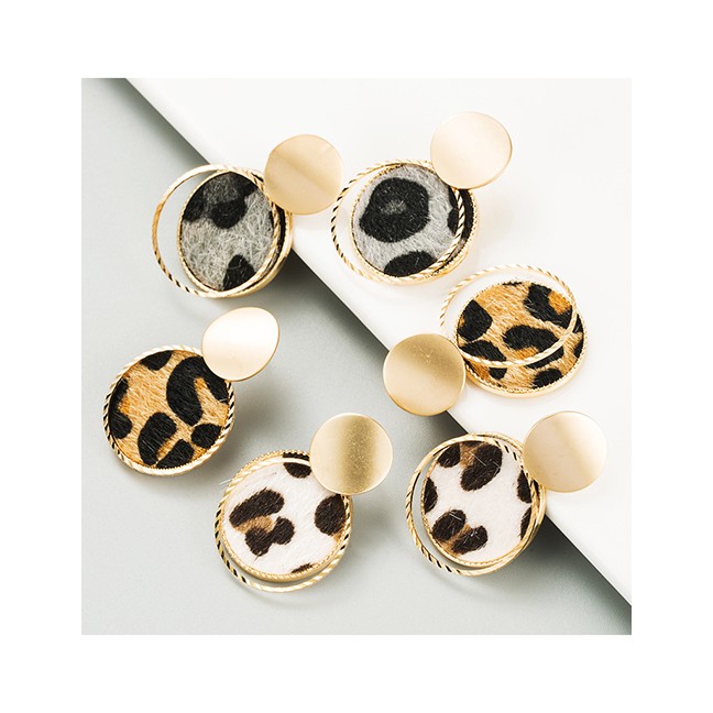 LRC Anting Tusuk Fashion White Geometric Round Alloy Double Leopard Print P49954