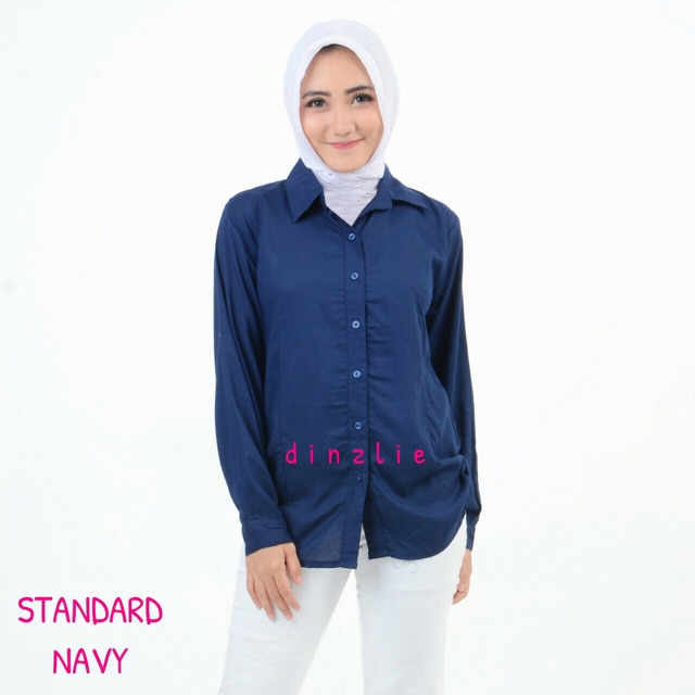 KEMEJA WANITA RAYON POLOSAN WARNA BIRU NAVY  Shopee Indonesia