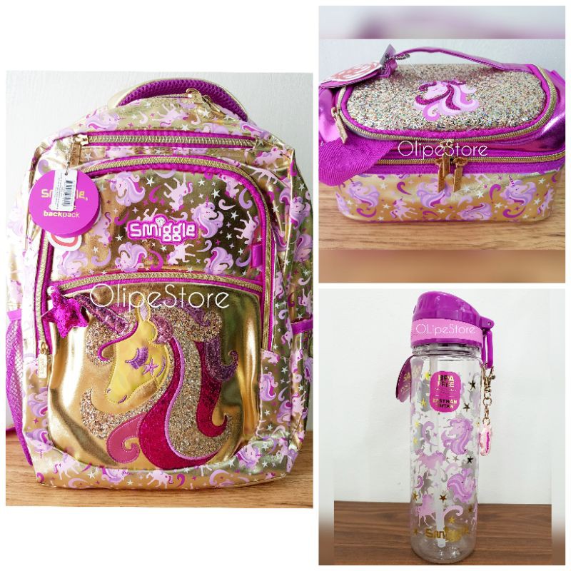 SMIGGLE - Unicorn Gold Backpack Tas Bottle Botol Lunchbox Set