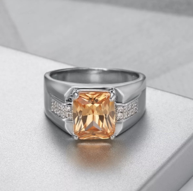 Cincin Perak Pria Batu Kecubung Teh Smoky Quartz Warna Champagne Elegan Minimalis Kantoran