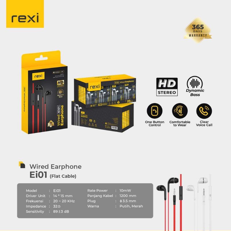 rexione In-Ear Wired Handsfree 3D Stereo Sound Super Bass Noise Cancellation EI01 PUTIH In-Ear Wired Handsfree 3D Stereo Sound , Super Bass Noise Cancellation