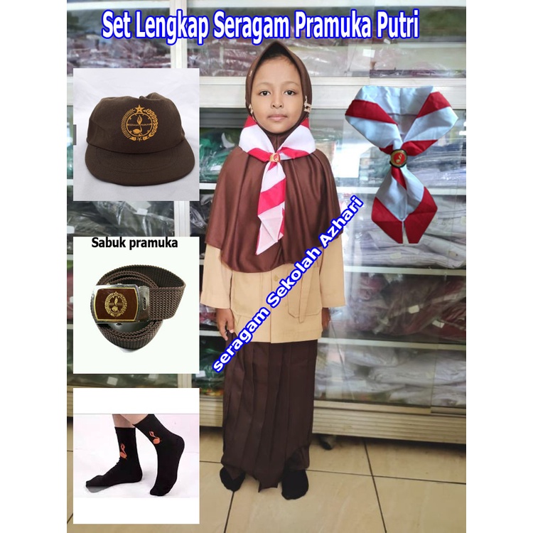 Set Lengkap Seragam Pramuka SD Perempuan+Jilbab+Topi Pramuka+Hasduk Pramuka+Sabuk Pramuka+Kaos Kaki 