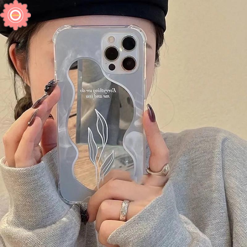 Case Cermin Makeup Desain Bunga Mawar Daun Warna Silver Untuk IPhone 11 7 8 Plus XR 13 12 Pro Max X XS Max SE 2020